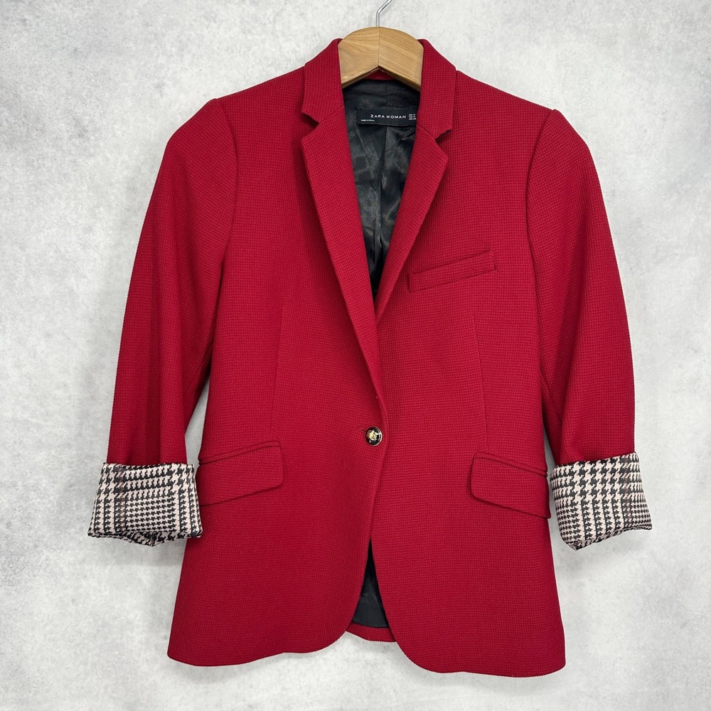 Zara Red Waffle Knit‎ Single Button Blazer Pattern Lined Cuffs Women's Size XS